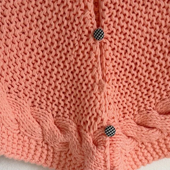 Free People Heavy Knit Cropped Cardigan Sweater Pink Apricot Gingham Button Up M - Picture 5 of 8